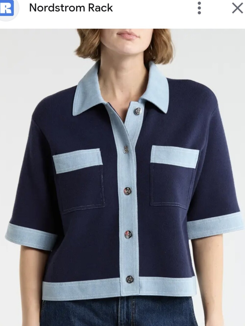 Nanette Lepore Navy/Light Blue Colorblock Collared Button-Up Cardigan Pockets M